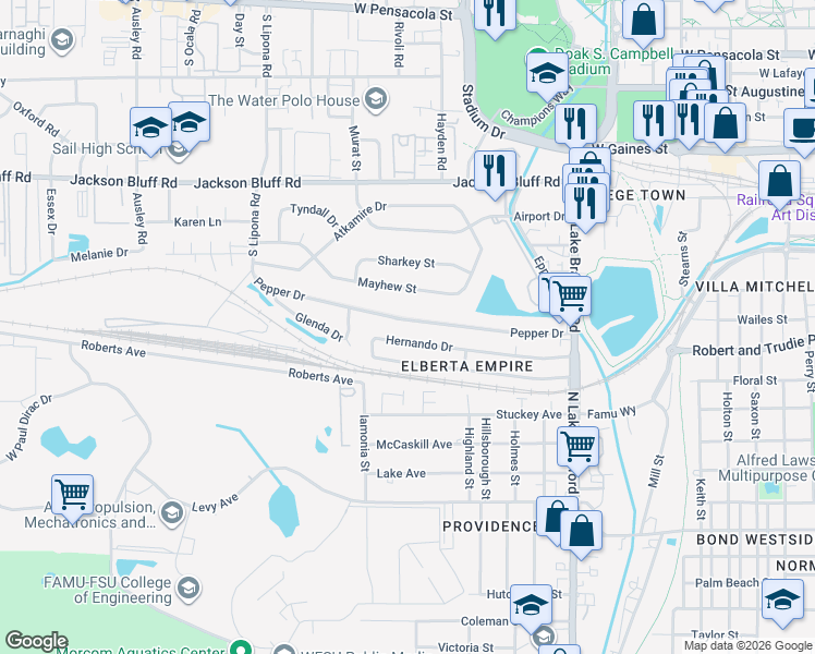 map of restaurants, bars, coffee shops, grocery stores, and more near 1625 Pepper Drive in Tallahassee