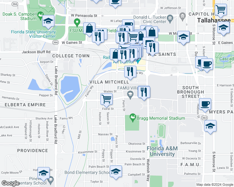 map of restaurants, bars, coffee shops, grocery stores, and more near 727 Wailes Street in Tallahassee