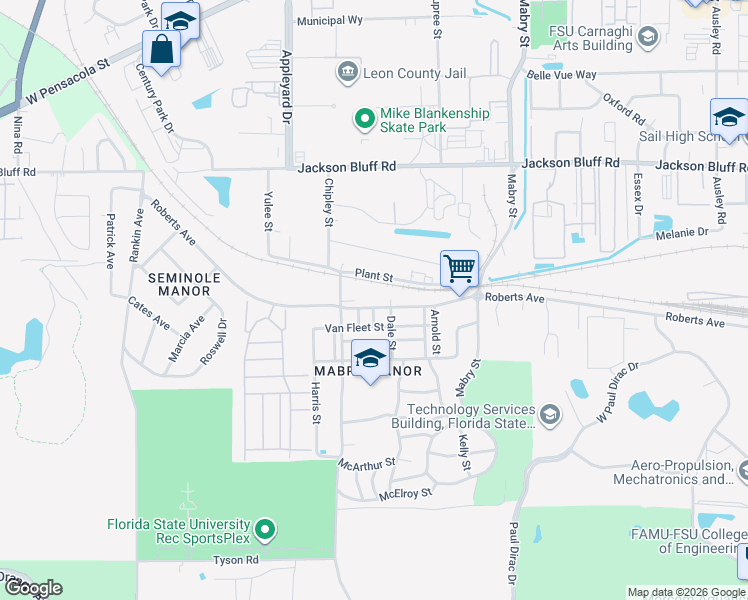 map of restaurants, bars, coffee shops, grocery stores, and more near 2766 Roberts Avenue in Tallahassee