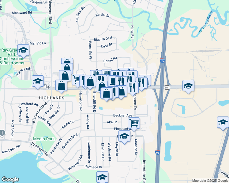 map of restaurants, bars, coffee shops, grocery stores, and more near 1044 Dunn Avenue in Jacksonville