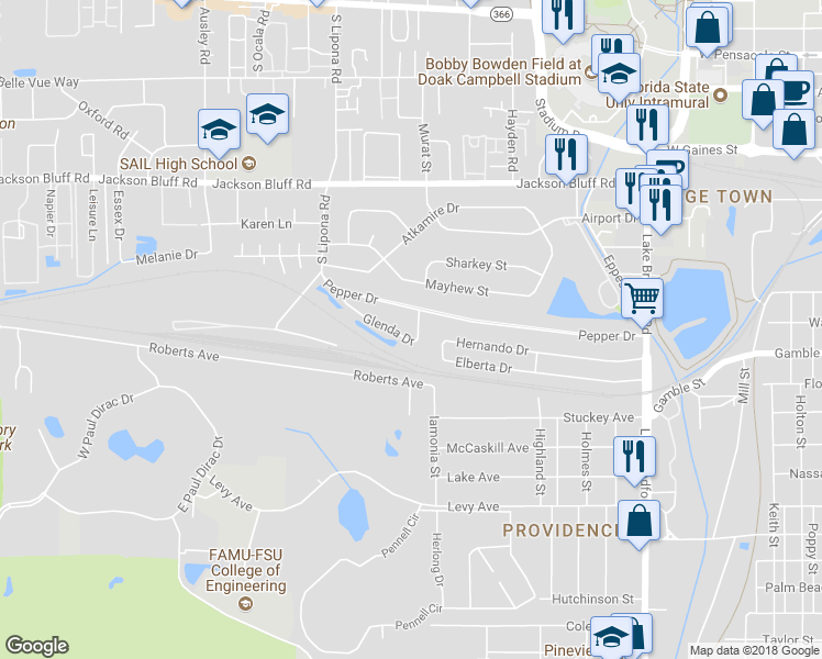 map of restaurants, bars, coffee shops, grocery stores, and more near 1408 Glenda Drive in Tallahassee