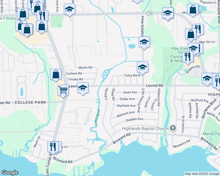 map of restaurants, bars, coffee shops, grocery stores, and more near 10663 Tulsa Road in Jacksonville