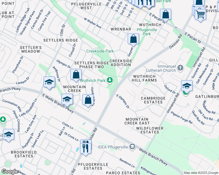 map of restaurants, bars, coffee shops, grocery stores, and more near 99 Mountain View Drive in Pflugerville