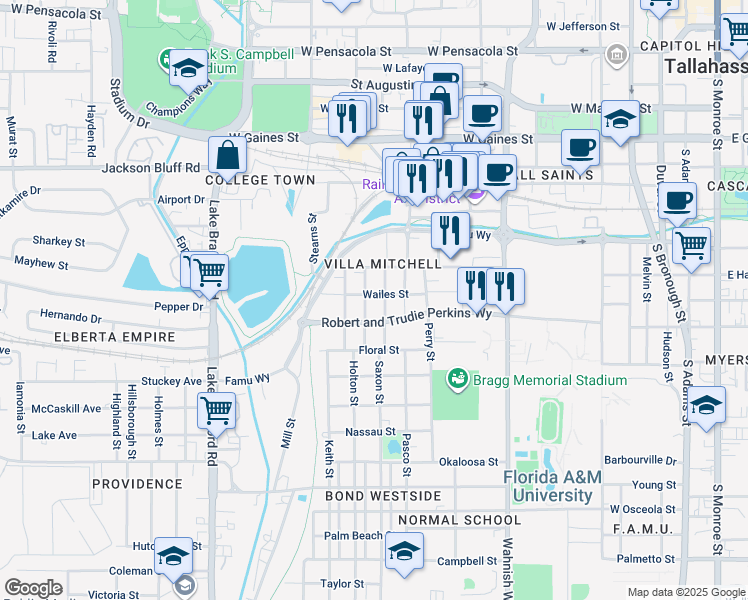 map of restaurants, bars, coffee shops, grocery stores, and more near 1421 Russell Street in Tallahassee