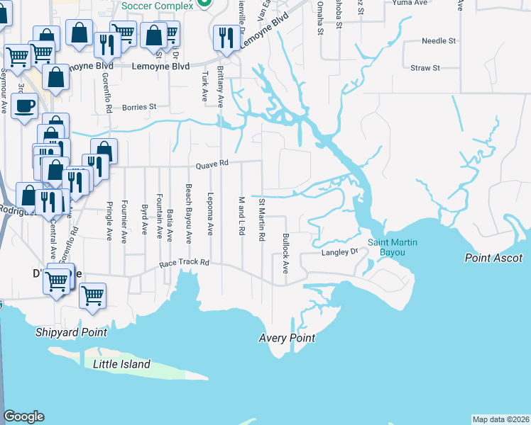 map of restaurants, bars, coffee shops, grocery stores, and more near 6004 St Martin Rd in Biloxi