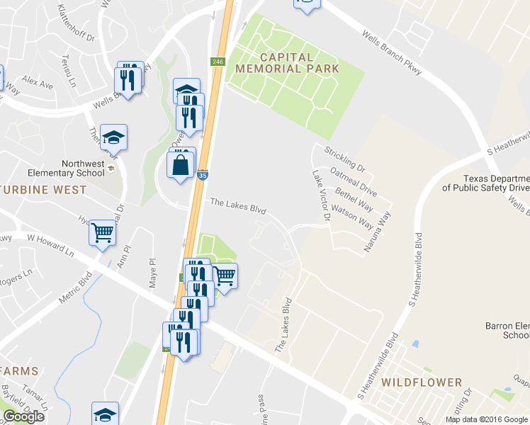 map of restaurants, bars, coffee shops, grocery stores, and more near The Lakes Boulevard in Pflugerville