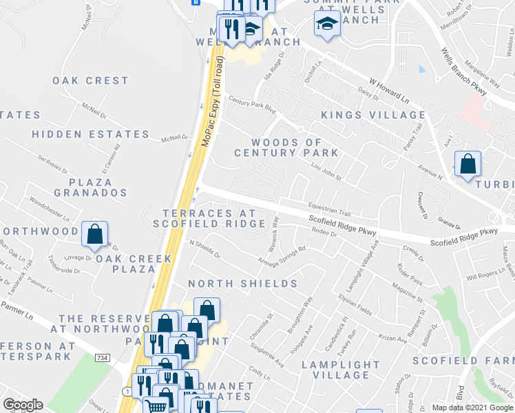map of restaurants, bars, coffee shops, grocery stores, and more near 2601 Scofield Ridge Parkway in Austin