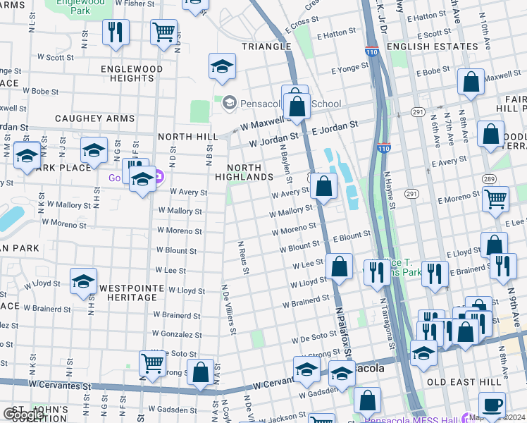 map of restaurants, bars, coffee shops, grocery stores, and more near 240 West Mallory Street in Pensacola
