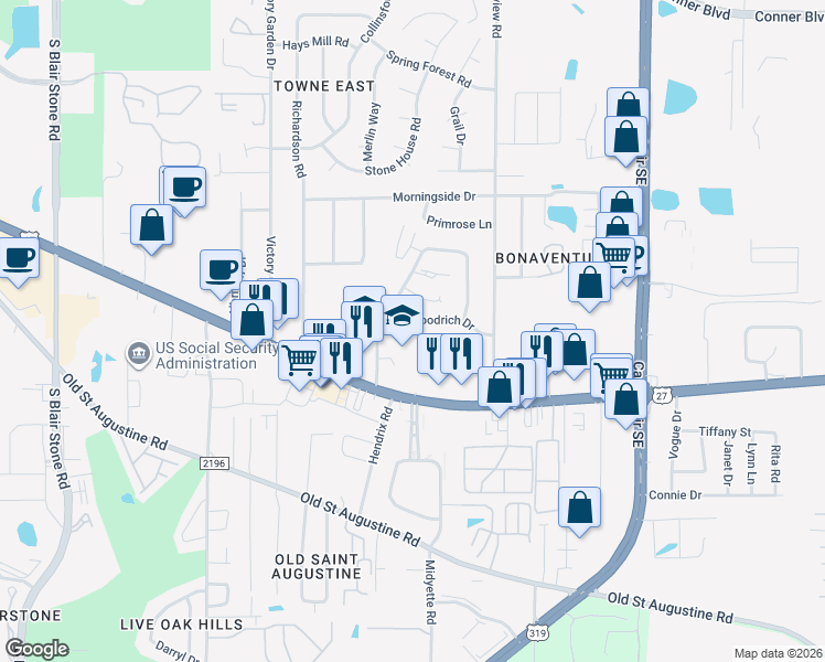 map of restaurants, bars, coffee shops, grocery stores, and more near 1353 Cross Creek Circle in Tallahassee