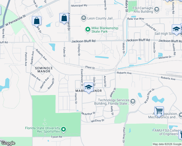 map of restaurants, bars, coffee shops, grocery stores, and more near 1500 Soupe Street in Tallahassee