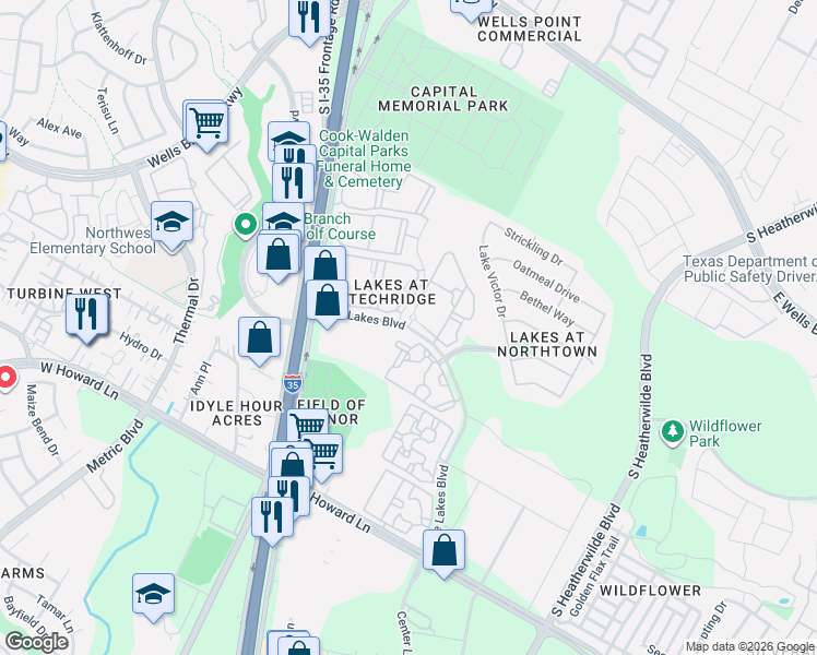 map of restaurants, bars, coffee shops, grocery stores, and more near The Lakes Boulevard in Pflugerville