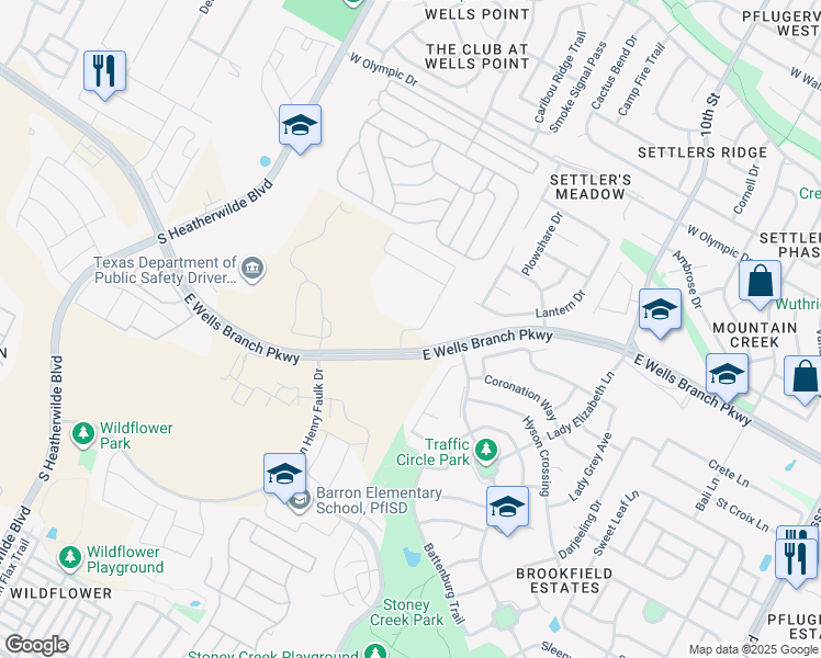 map of restaurants, bars, coffee shops, grocery stores, and more near 15020 Sassafras Trail in Pflugerville