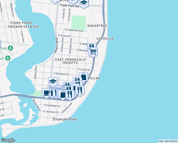 map of restaurants, bars, coffee shops, grocery stores, and more near 820 Van Kirk Avenue in Pensacola