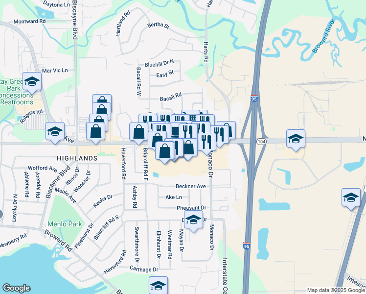 map of restaurants, bars, coffee shops, grocery stores, and more near 1044 Dunn Avenue in Jacksonville