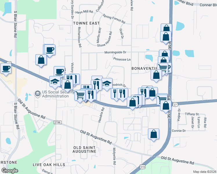 map of restaurants, bars, coffee shops, grocery stores, and more near 1353 Cross Creek Circle in Tallahassee