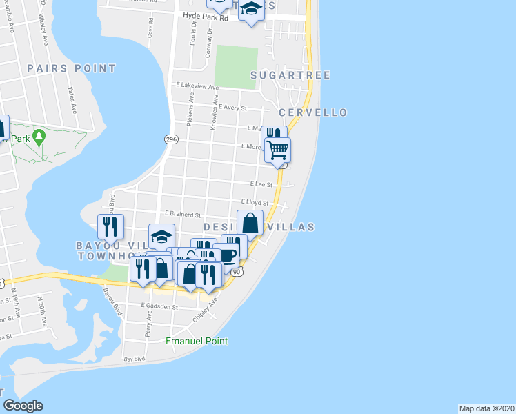 map of restaurants, bars, coffee shops, grocery stores, and more near 880 Van Kirk Avenue in Pensacola