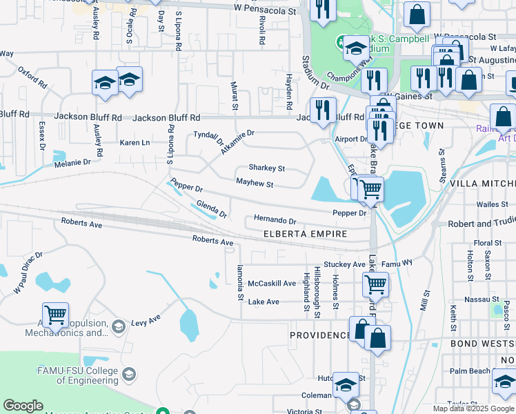 map of restaurants, bars, coffee shops, grocery stores, and more near 1637 Pepper Drive in Tallahassee