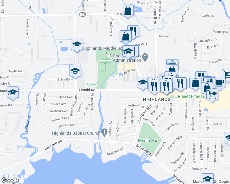map of restaurants, bars, coffee shops, grocery stores, and more near 1924 Leonid Road in Jacksonville