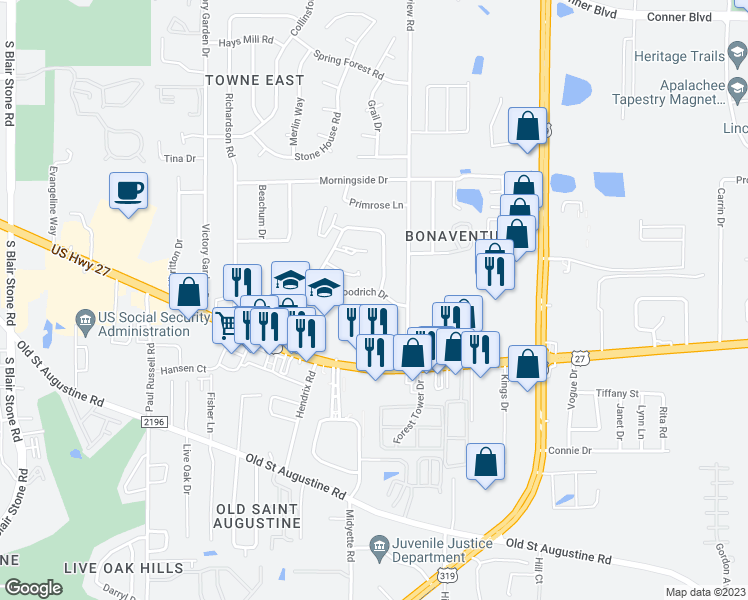 map of restaurants, bars, coffee shops, grocery stores, and more near 2979 Woodrich Drive in Tallahassee