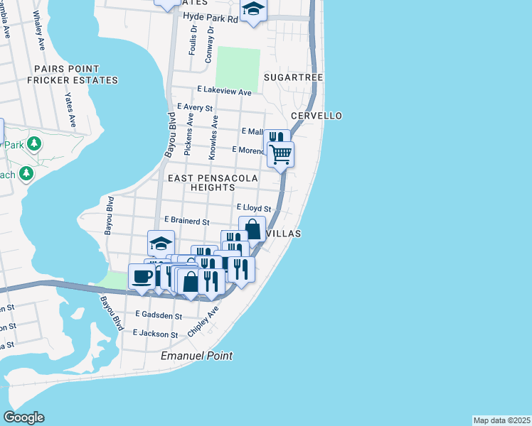 map of restaurants, bars, coffee shops, grocery stores, and more near 3325 East Lloyd Street in Pensacola