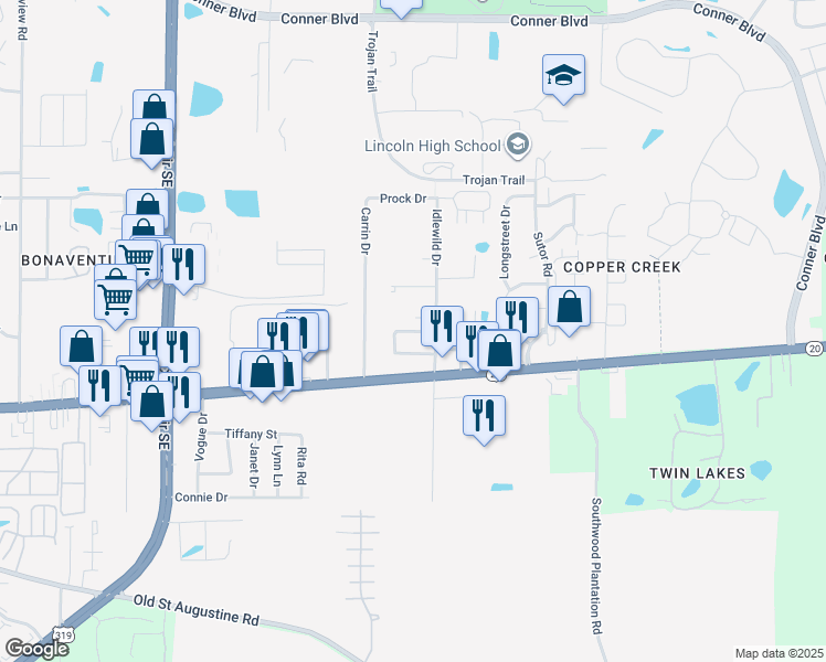 map of restaurants, bars, coffee shops, grocery stores, and more near 1209 Tampa Drive in Tallahassee