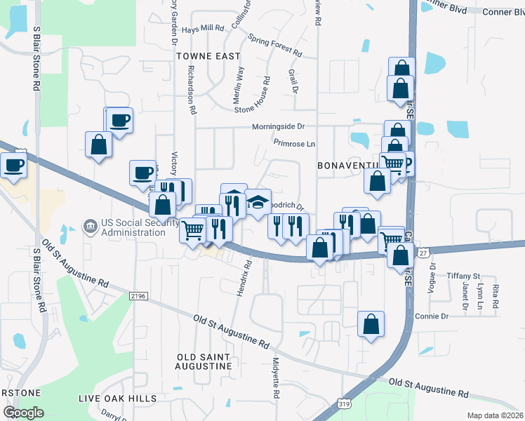 map of restaurants, bars, coffee shops, grocery stores, and more near 1353 Cross Creek Circle in Tallahassee