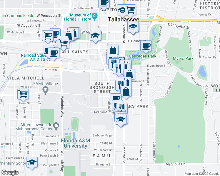 map of restaurants, bars, coffee shops, grocery stores, and more near 1431 South Adams Street in Tallahassee