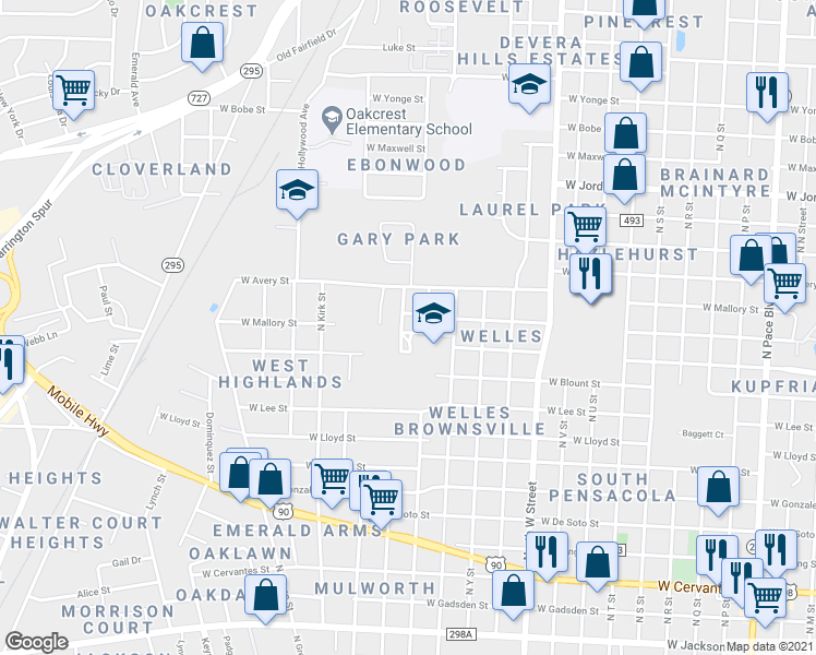 map of restaurants, bars, coffee shops, grocery stores, and more near 1597 Gary Avenue in Pensacola