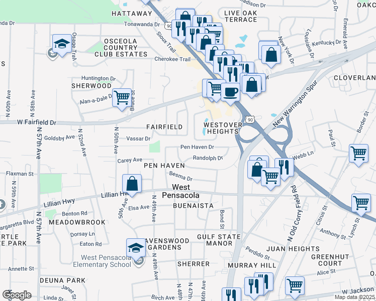 map of restaurants, bars, coffee shops, grocery stores, and more near 4 Randolph Drive in Pensacola
