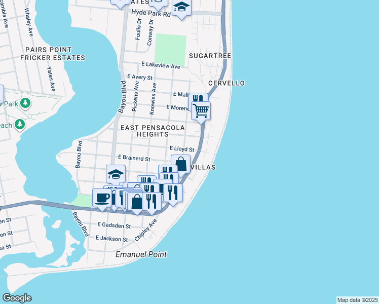 map of restaurants, bars, coffee shops, grocery stores, and more near 3315 East Lloyd Street in Pensacola