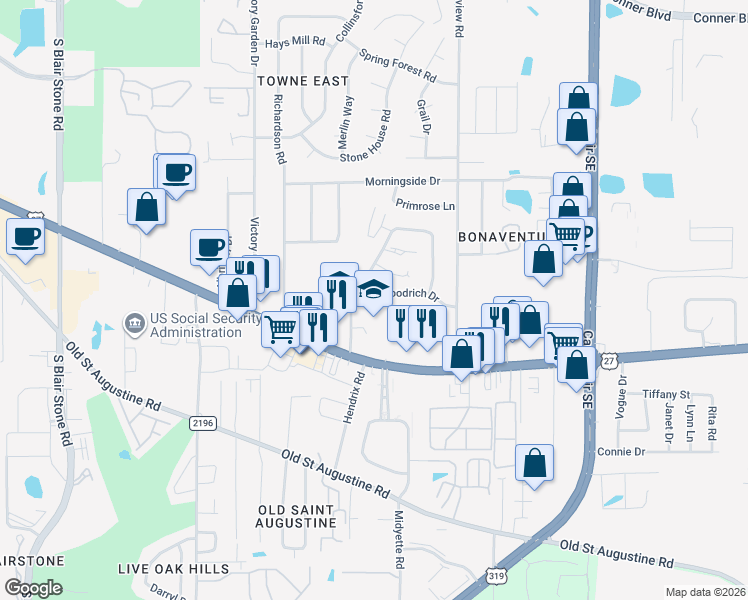 map of restaurants, bars, coffee shops, grocery stores, and more near 1353 Cross Creek Circle in Tallahassee
