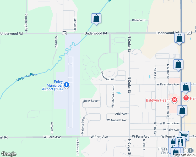 map of restaurants, bars, coffee shops, grocery stores, and more near 517 W Peachtree Ave in Foley