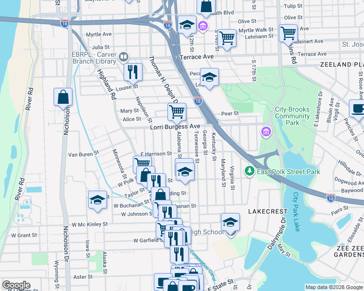 map of restaurants, bars, coffee shops, grocery stores, and more near 602 East Harrison Street in Baton Rouge