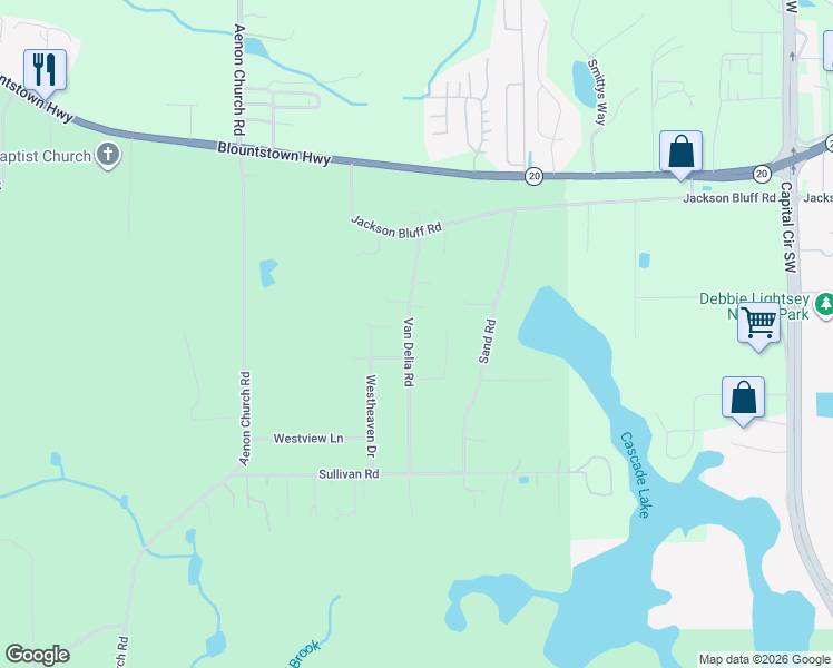 map of restaurants, bars, coffee shops, grocery stores, and more near 1351 Van Delia Road in Tallahassee