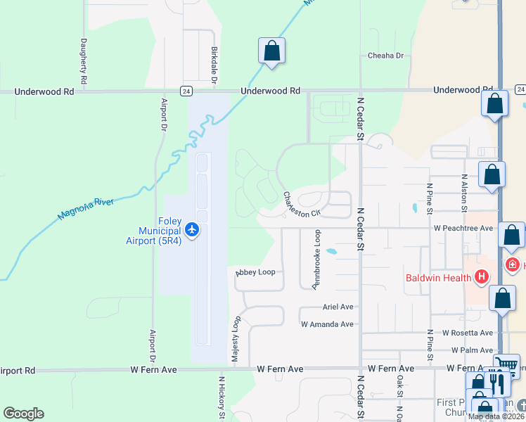 map of restaurants, bars, coffee shops, grocery stores, and more near 1761 Breckinridge Place in Foley