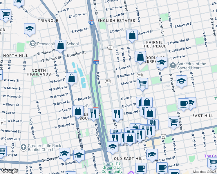 map of restaurants, bars, coffee shops, grocery stores, and more near 1521 Doctor Martin Luther King Junior Drive in Pensacola