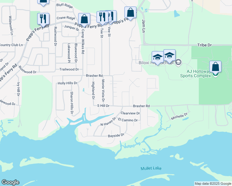 map of restaurants, bars, coffee shops, grocery stores, and more near 2012 Brasher Road in Biloxi