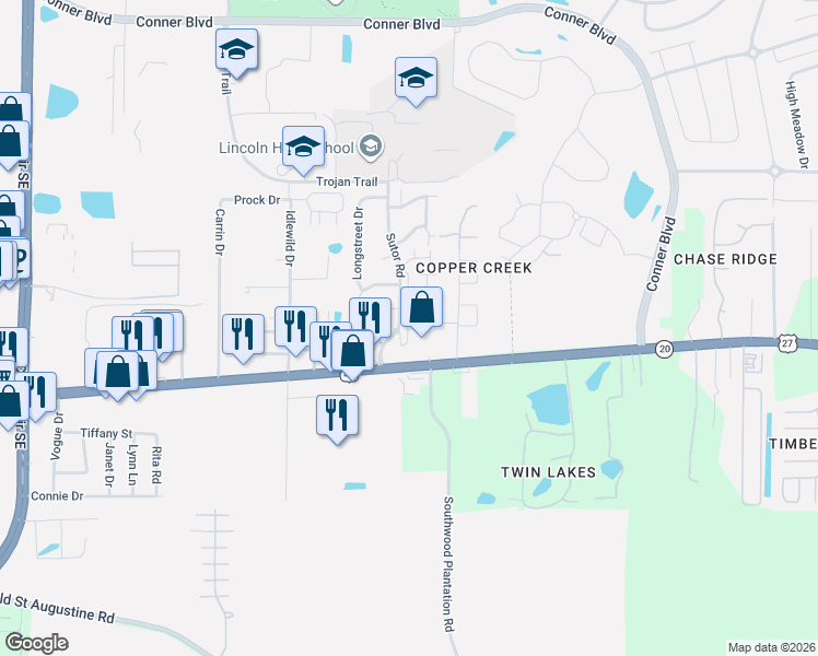 map of restaurants, bars, coffee shops, grocery stores, and more near 1101 Sutor Road in Tallahassee