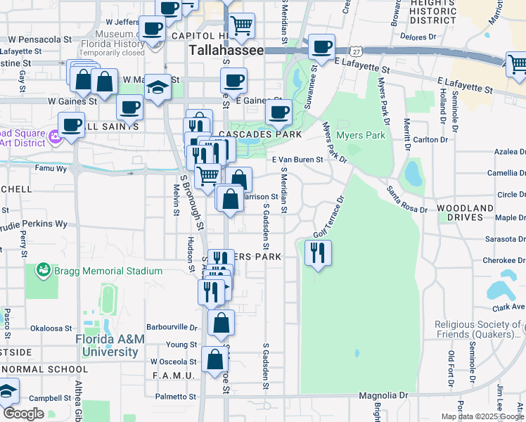 map of restaurants, bars, coffee shops, grocery stores, and more near 244 East Jennings Street in Tallahassee
