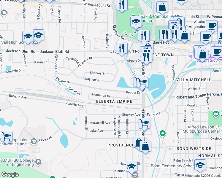 map of restaurants, bars, coffee shops, grocery stores, and more near 1518 Hernando Drive in Tallahassee