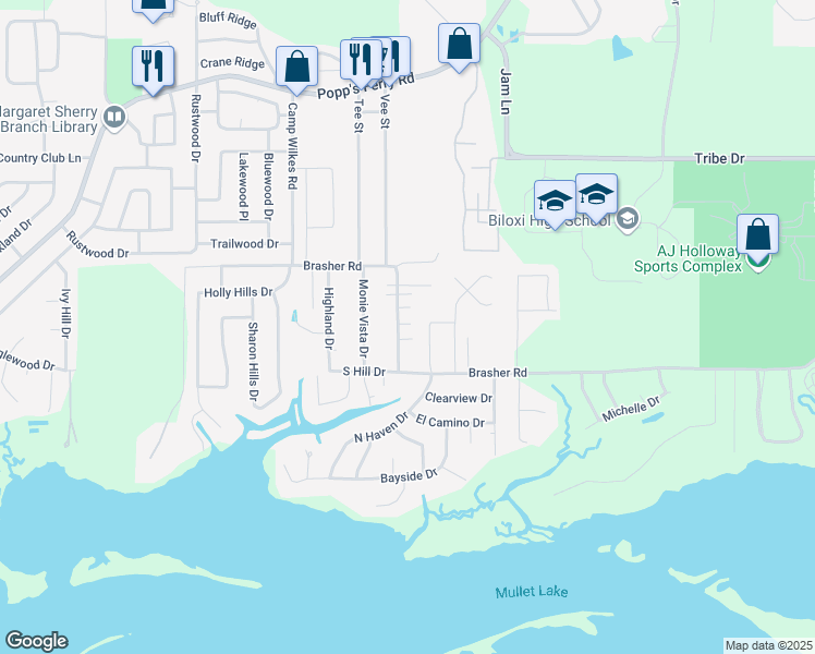 map of restaurants, bars, coffee shops, grocery stores, and more near 713 Champagne Drive in Biloxi