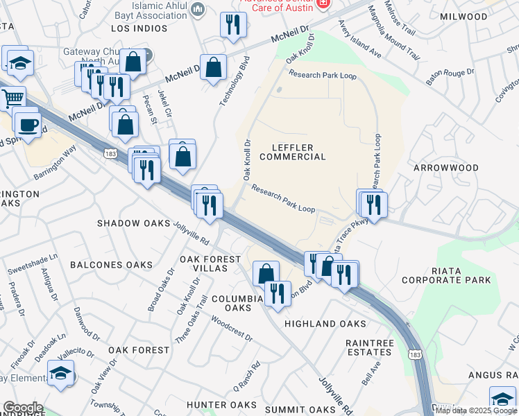 map of restaurants, bars, coffee shops, grocery stores, and more near 12401 Research Boulevard in Austin