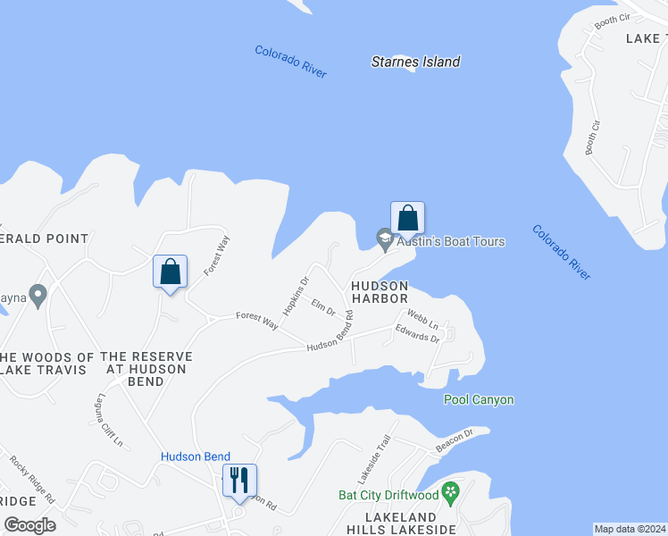 map of restaurants, bars, coffee shops, grocery stores, and more near 16304 Lakeshore Drive in Austin