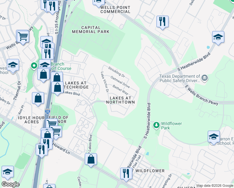 map of restaurants, bars, coffee shops, grocery stores, and more near 14301 Lake Victor Drive in Pflugerville