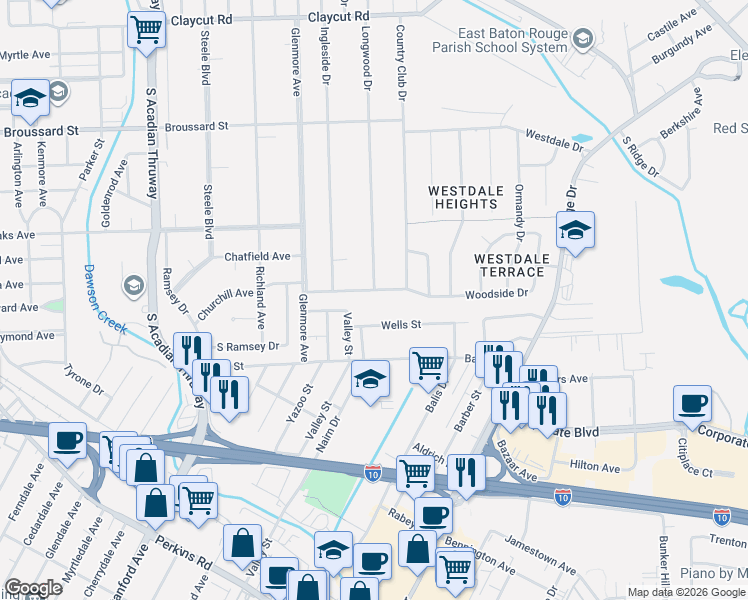 map of restaurants, bars, coffee shops, grocery stores, and more near 4455 Wells Street in Baton Rouge