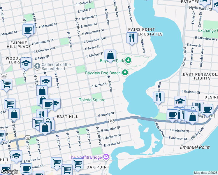 map of restaurants, bars, coffee shops, grocery stores, and more near 1221 North 19th Avenue in Pensacola