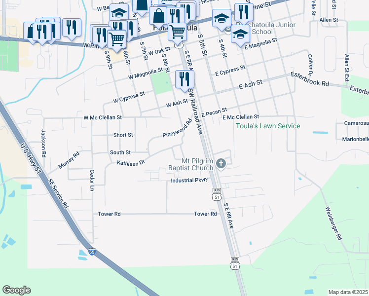 map of restaurants, bars, coffee shops, grocery stores, and more near 1701 Mill Gardens Drive in Ponchatoula