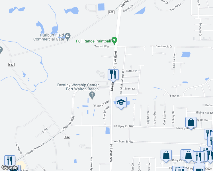 map of restaurants, bars, coffee shops, grocery stores, and more near 1554 Bentley Circle in Fort Walton Beach