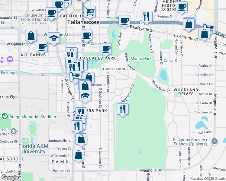 map of restaurants, bars, coffee shops, grocery stores, and more near 1410 East Pershing Street in Tallahassee
