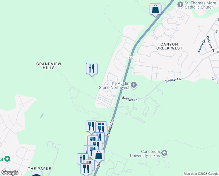 map of restaurants, bars, coffee shops, grocery stores, and more near 8904 Villa Norte Drive in Austin